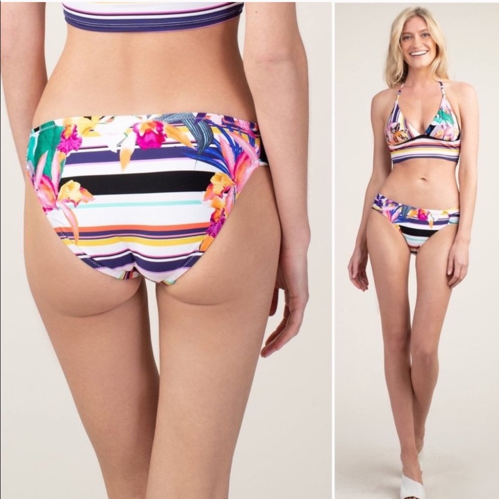 Trina Turk Hipster Bikini Bottoms Striped Floral Sz 2 NWOT Vacation Swim Boho